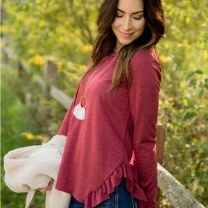 Chic Ruffled Long Sleeve Top - Wine Red